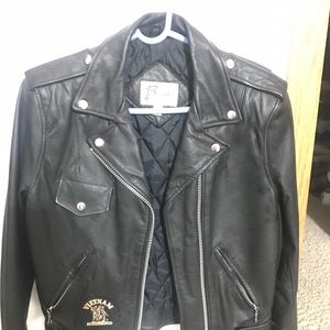 Leather motor cycle jacket with patch
